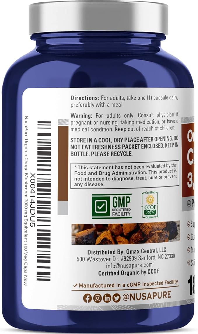 NusaPure Chaga Mushroom 20:1 Extract, 150 mg Equivalent to 3,000mg per Veggie Capsule, 180 Count, USDA Organic, Vegan, Non-GMO