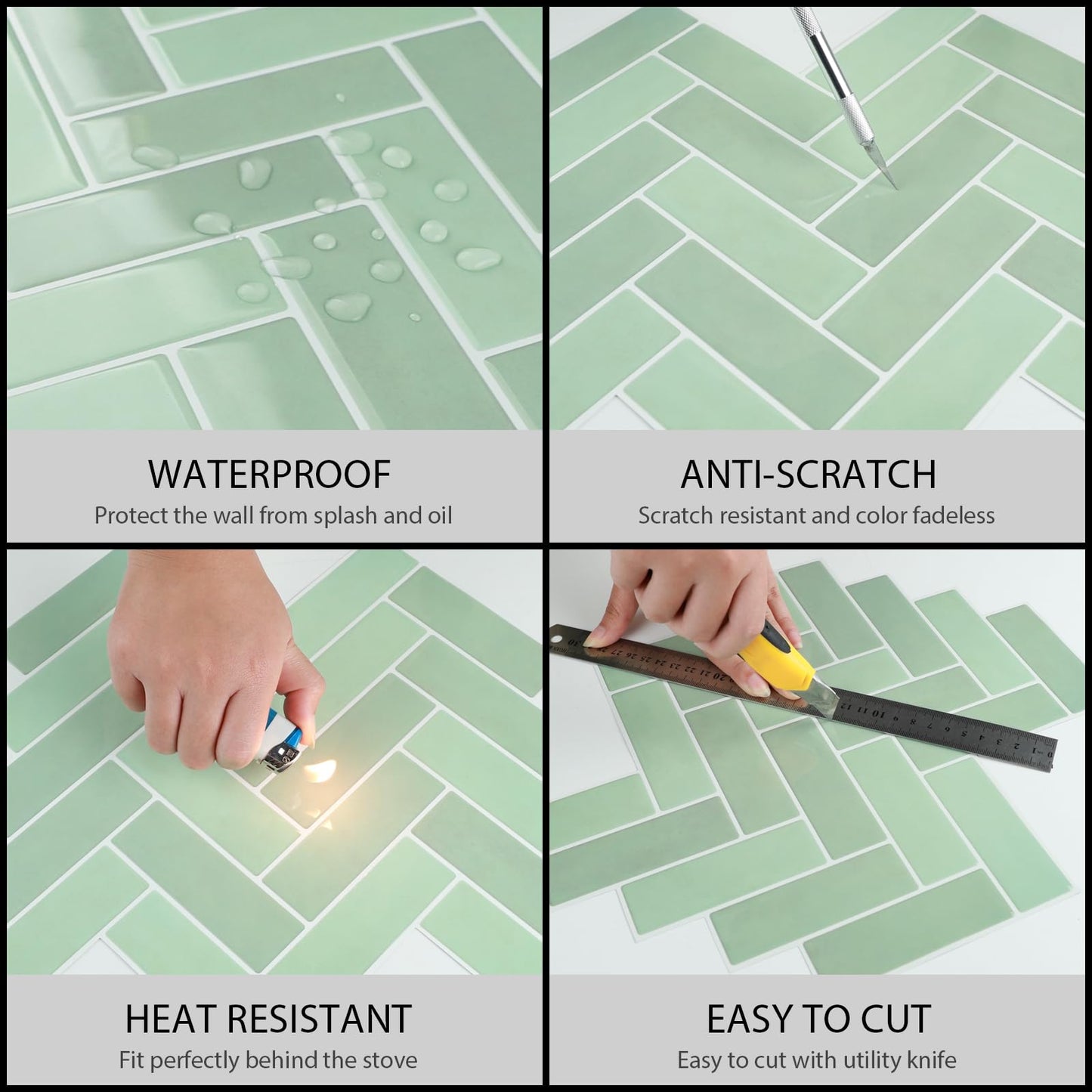 LUXDEKO 10-Sheet Herringbone Peel and Stick Backsplash, Sage Green Chevron Self Adhesive Glossy Tiles Renter Friendly Backsplash Stick on Wall Tile for Kitchen and Bathroom（12"x12"）