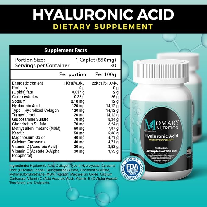 Hyaluronic Acid Supplement, Natural Skin Hydration, Advanced Joint Support and Mobility Booster, Type II Hydrolyzed Collagen, Turmeric, Glucosamine, Chondroitin, 30Caplets 850Mg