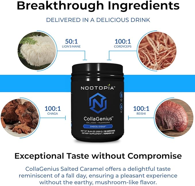 Collagenius v 2.0 - Blended Powder of 4 Mushrooms, Collagen & Superfoods - Brain Supplement Supports Focus, Memory, Hair, Skin - 30 Servings