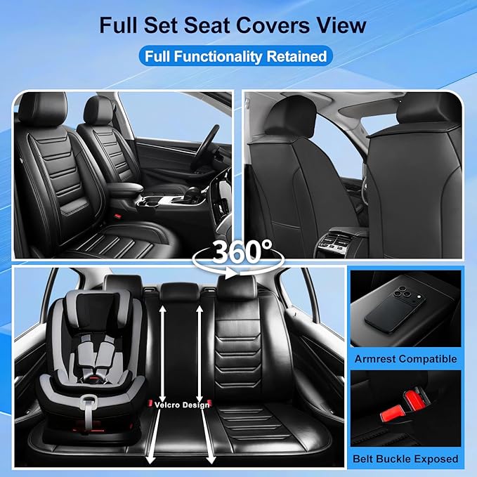 Fit Civic Car Seat Covers (Front Pair) for Select Honda Civic 2020-2026 Sedan (Not for Coupe) - Premium Full Coverage Leather, Waterproof & All Weather Breathable Seat Cushion Protector, Black