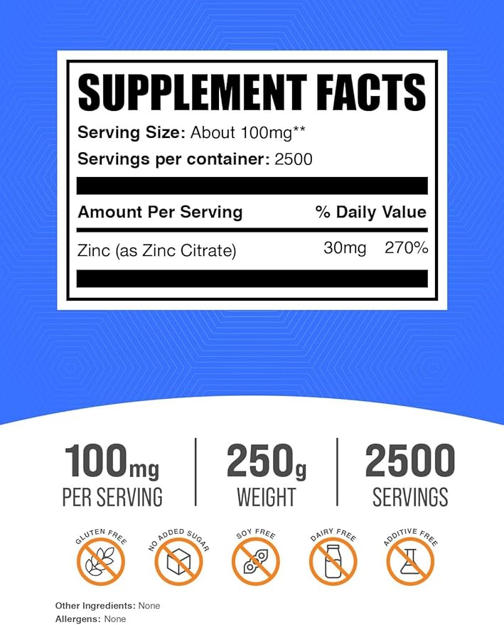 BulkSupplements.com Zinc Citrate Powder - Zinc Supplements, Zinc 30mg, Zinc Powder - Pure Zinc Citrate, for Immune Support - Gluten Free, 100mg per Serving, 250g (8.8 oz)
