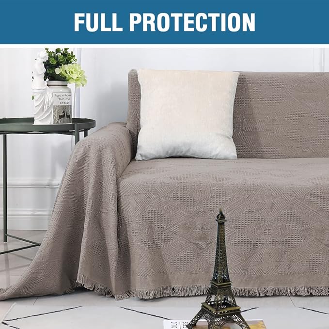 H.VERSAILTEX Cotton Sofa Covers Couch Cover Sofa Slipcover for Most Shape Sofas, Feature Thick Woven Jacquard Seamless with Tassels, Multi-Use Decorative for Couch (XX-Large: 91" x 134", Sand)