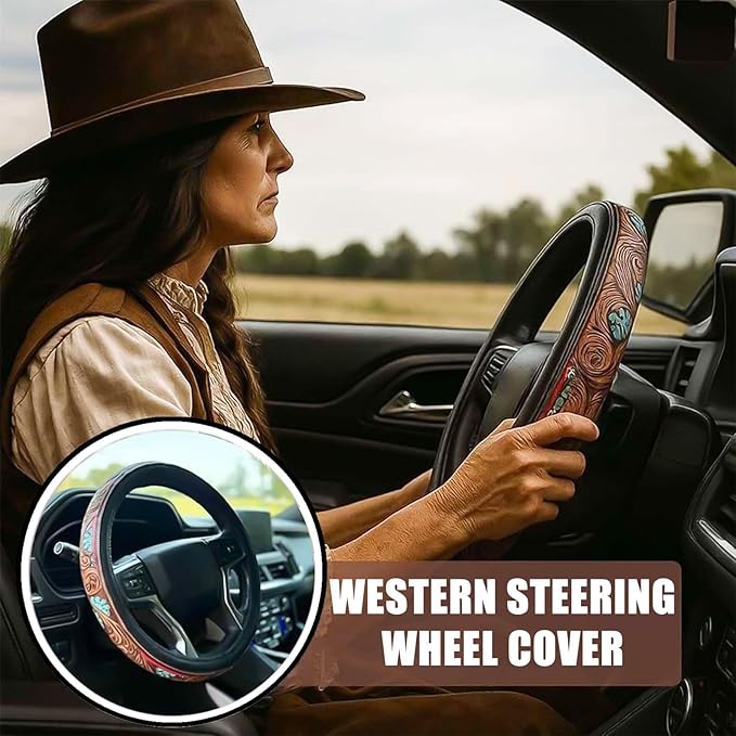 Retro Western Cowboy Car Universal Steering Wheel Cover, Embossed Handcrafted Tooled Leather Western,Anti Slip, Auto Interiors Accessories,Breathable for Trucks SUVs Cars (B)
