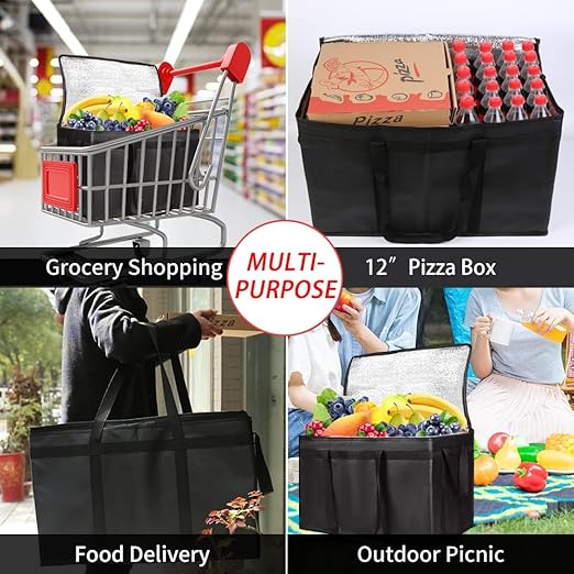CIVJET Insulated Food Delivery Bag with Hard Bottom, XXX-Large Insulated Reusable Grocery Cooler/Hot Bags, Tote Bag for Shopping/Travel, Black, 4-Pack