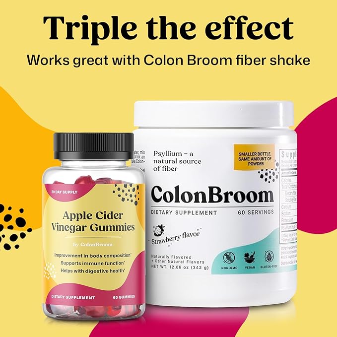 ColonBroom Psyllium Husk Powder (Strawberry, 50 Servings) + Apple Cider Vinegar Gummies for Women – Supports Body Composition, Boost Metabolism & Improves Digestive Wellness (60 Count)