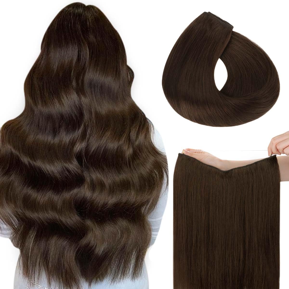 Hotbanana Wire Hair Extensions, 20 Inch 110G Light Dark Brown Fish Line Hair Extensions Real Human Hair Straight Invisible Wire