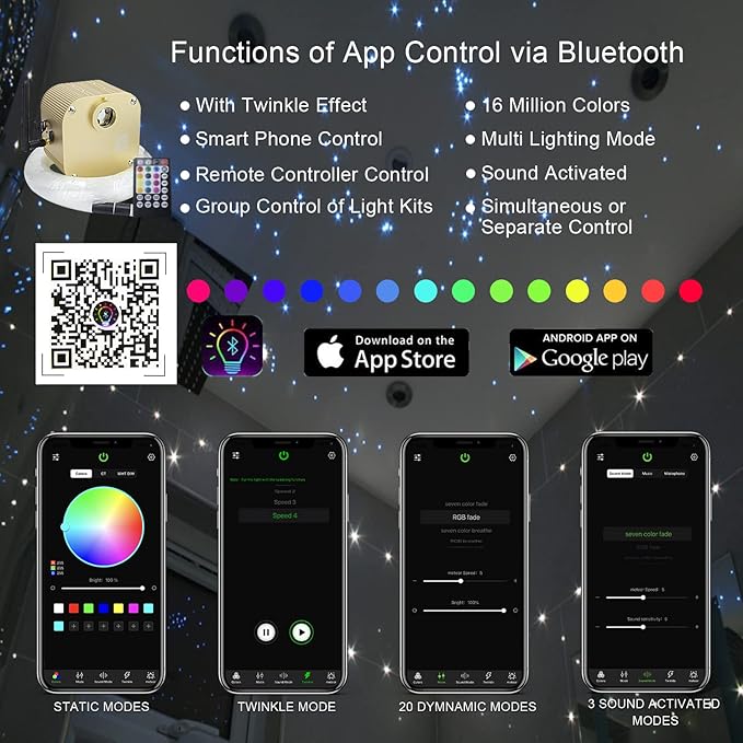 AKEPO 16W RGBW APP+Twinkle+Music Activated Fiber Optic Lights Car Home Star Ceiling Light Kit, RGBW LED Light Engine + Optical Fiber Cable 335pcs 13.1ft/4m (0.75+1.0+1.5mm) + 28key Remote