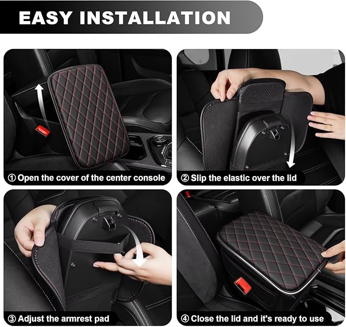 Upgraded Car Center Console Cover Fit for Corolla Faux Leather Car Armrest Cover Cushion with 2 Storage Bags,Car Armrest Storage Box Interior Accessories(Black&Redline)