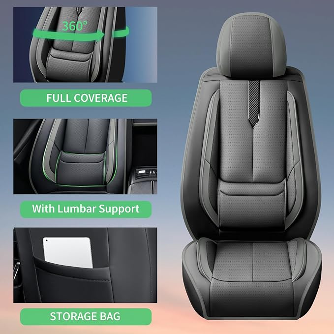 Fit Highlander Car Seat Covers for Toyota Highlander 2007-2026 -Upgraded Premium Waterproof & Breathable Leather,Airbag Compatible,All-Weather Seat Cushion Protector,2 Front/Black-Grey