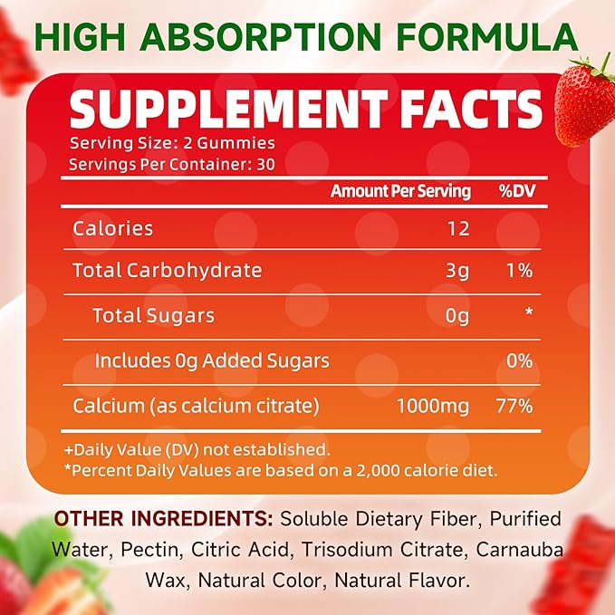 2 Pack Calcium Citrate Gummies, Sugar Free Calcium Citrate 1000mg for Muscle Healthy, Absorption Calcium Supplements for Adults & Kids, Strawberry, 120 Count