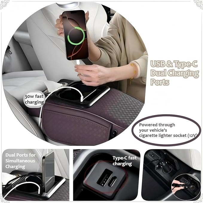 2026 Enhanced Car Center Console Armrest Cushion with USB& Type-C Charging, PU Leather Console Pad with Cup Holders, Storage& Tissue Outlet for Most Vehicles (Sloped Version, Black)