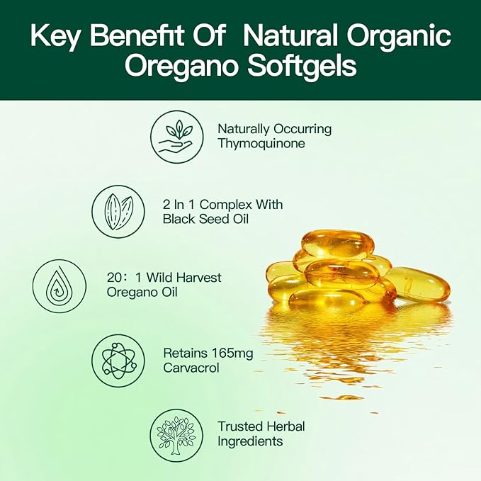 Oil of Oregano Capsules, Balanced Oil of Oregano with Black Seed Oil, Organic Oregano Oil Softgels,Carvacrol,Thymoquinone, Non-GMO