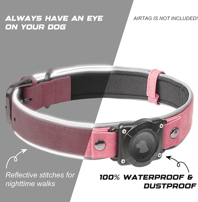 AirTag Dog Collar - Leather Dog Collar with Air Tag Holder | IPX8 Waterproof, Reflective, High - End, Adjustable Soft Padded | Dog GPS Tracker Collars Fit for Medium Large Dogs (Pink, L)