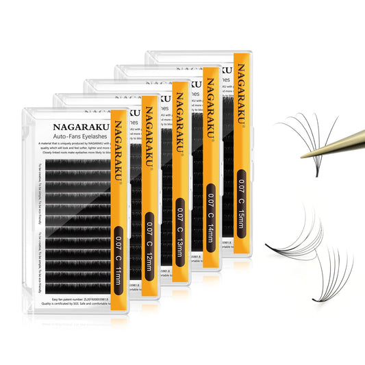 Nagaraku Easy Fan Eyelash Extensions Volume Lashes 5 Trays In 1 Pack 0.07 C Curl 11/12/13/14/15Mm Rapid Blooming Russian Mega Vo
