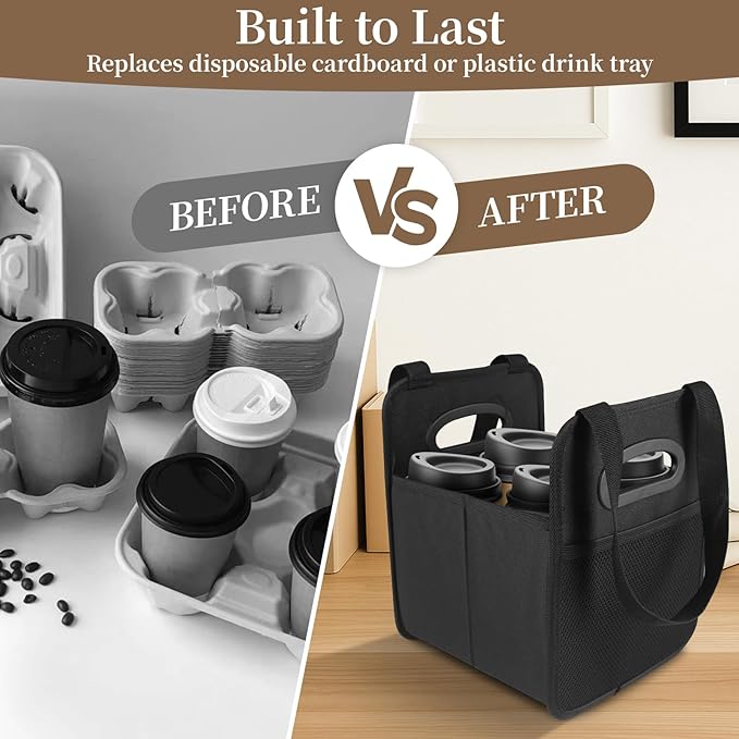 4 Cup Drink Carrier with Handle, Reusable Cup Carriers for Drinks, Portable Foldable Insulated Coffee Cup Drink Holder for Delivery and Caddy