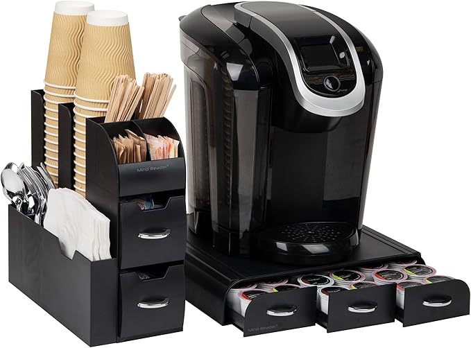 Mind Reader Single Serve Coffee Pod Drawer and Cup Condiment Set, 2 Pcs., 36 Pod Capacity, 5.35"L x 11.25"W x 11.15"H, Black
