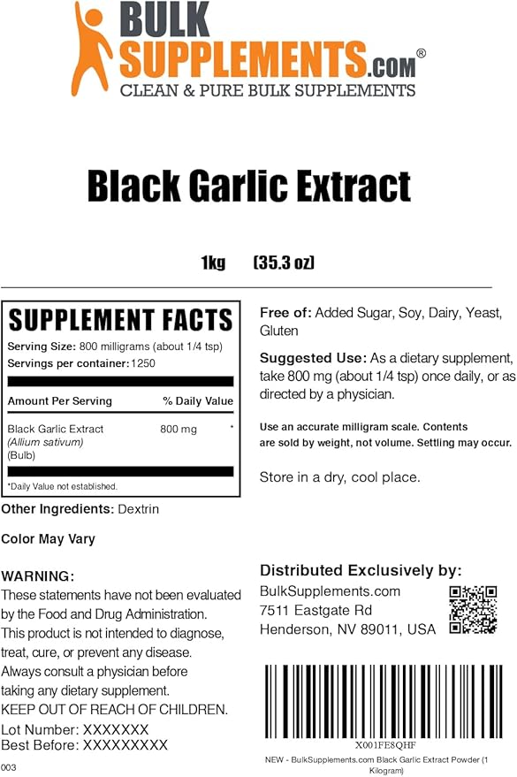 BulkSupplements.com Black Garlic Extract Powder - Aged Garlic Extract, Herbal Supplement - Vegan & Gluten Free, 800mg per Serving, 1kg (2.2 lbs) (Pack of 1)