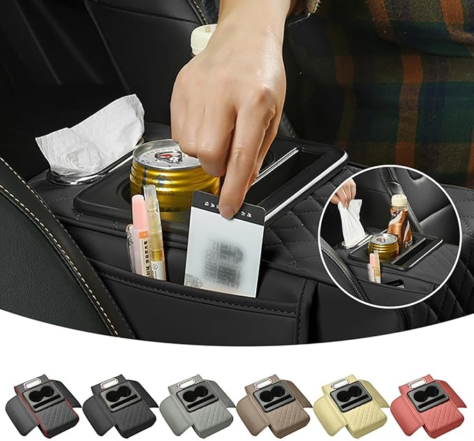 Car Armrest Cushion, 5-in-1 Center Console Cover with 2 Storage Bags Cup Holder, Cup Holder Tissue Slot Phone Slot for Car, Universal Car Armrest Box Cover Protection Pad for Most Vehicles (C)