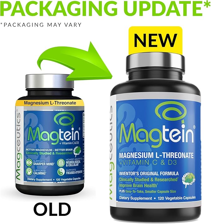 Magtein Magnesium L-Threonate to Improve Cognition, Focus, Memory, Sleep Quality and Brain Health with Small Caps - 120 Vegetable Capsules