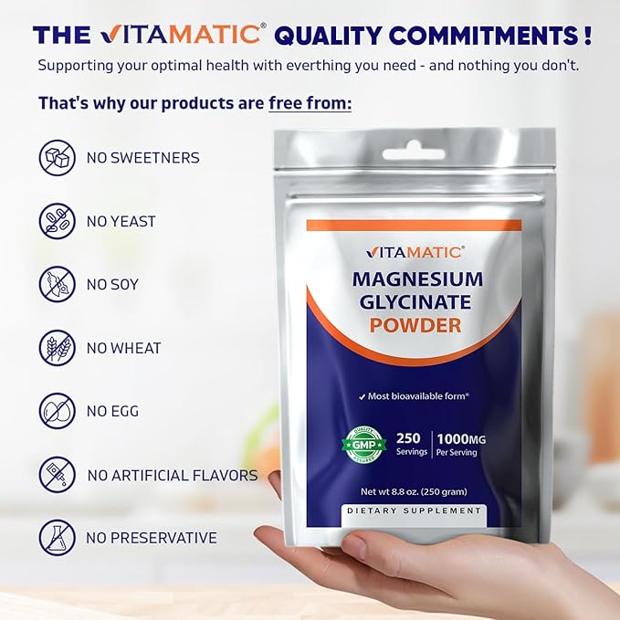 Vitamatic Magnesium Glycinate 1000mg per Serving Supports Muscle, Joint, and Heart Health 250 Grams - 250 Servings