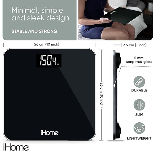 iHome Digital Step On Bathroom Scale - High Precision Body Weight Scale - Battery Powered with LCD Display - Great for Home Gym - 396 lb (Black)