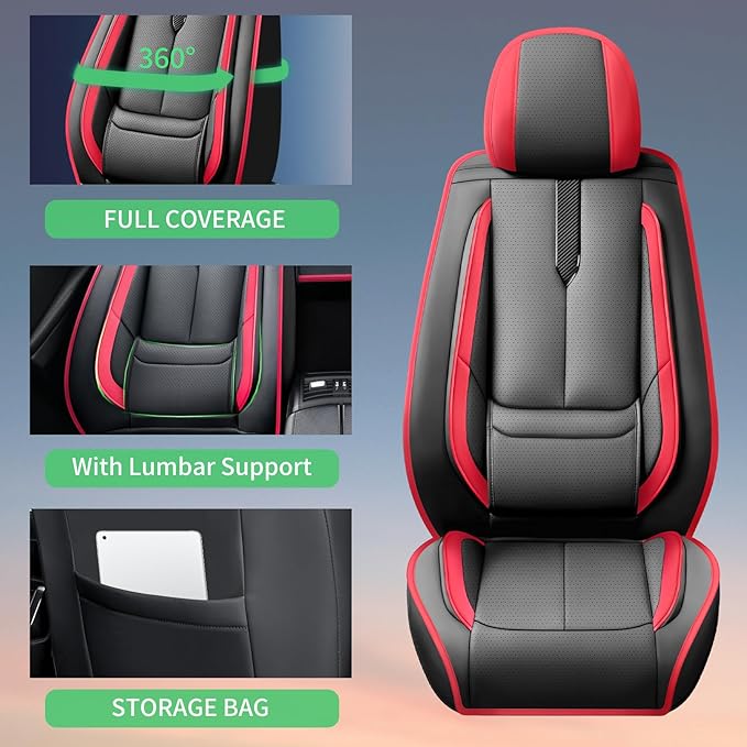 Fit Ioniq Car Seat Covers for Hyundai Ioniq 2017-2024 2025 2026 -Upgraded Premium Waterproof & Breathable Leather,Airbag Compatible,All-Weather Seat Cushion Protector,Full Set,Black-Red