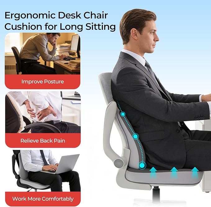 Car Seat Cushion & Lumbar Support Set, Memory Foam Seat Cushion for Long Sitting & Driving, Ideal for Truck Bus Van Drivers, Office Chair Cushion Set (Gray) (White)