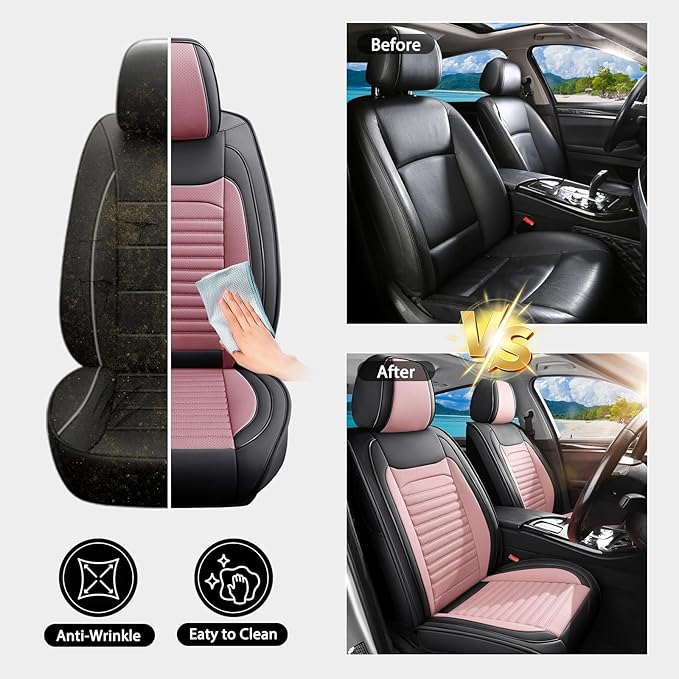 Car Seat Covers Full Set Fit for Toyota Yaris 2007-2020, Premium Faux Leather Car Seat Protector,Breathable Anti-Slip Full Wrapping Edge Seat Covers(Black&Pink,Full Set)