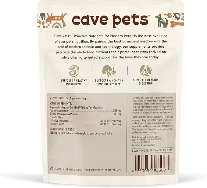 Super Blend Powder, Mushroom Mycelium and Dog Probiotic Supplement for Brain and Digestive Health, Turkey Tail & Probiotics, 90 Servings