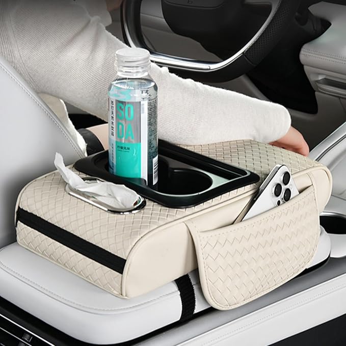 Car Armrest Cushion Cover Car Center Console Memory Foam Booster Pad with Storage Pocket and Tissue Hole for Sedan Vehicle (Cupholder - Grey, 13.39 * 7.68 * 2.95'' / 34 * 19.5 * 7.5cm)