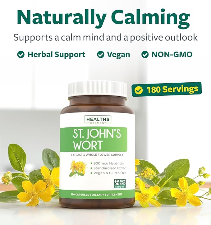 St. John's Wort - 180 Capsules (Non-GMO) Effective St Johns Wort Capsules - Powerful 900mcg Hypericin - Standardized Extract & Whole Herb Supplement - No Oil, Pills, Tea, Tincture - 500mg Per Capsule