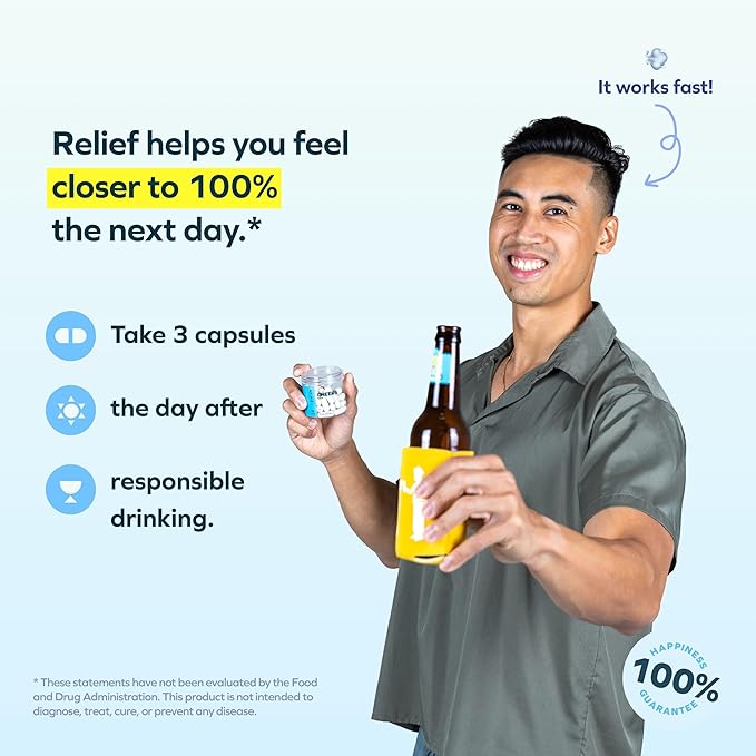 Cheers Relief | Next Morning Aid with Ginger + White Willow Bark | Feel Better After Drinking | 12 Doses | Ginger, White Willow Bark, L-Theanine, Caffeine