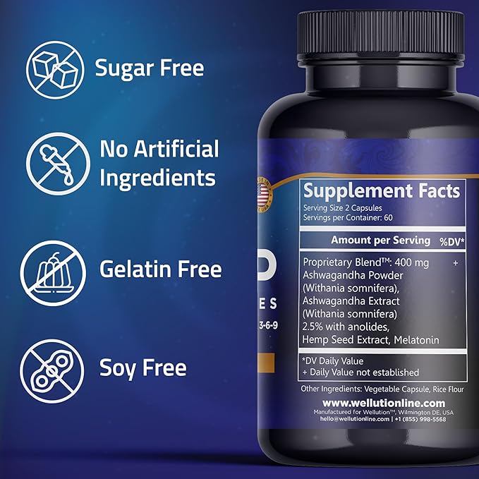 WELLUTION Hemp Oil Capsules with Ashwaganda and Melatonin (2-PK) Rich in Omega 3-6-9 - Supports Healthy Sleep, Stress, & Mood - Feel Refreshed - Made in USA - 120 Count