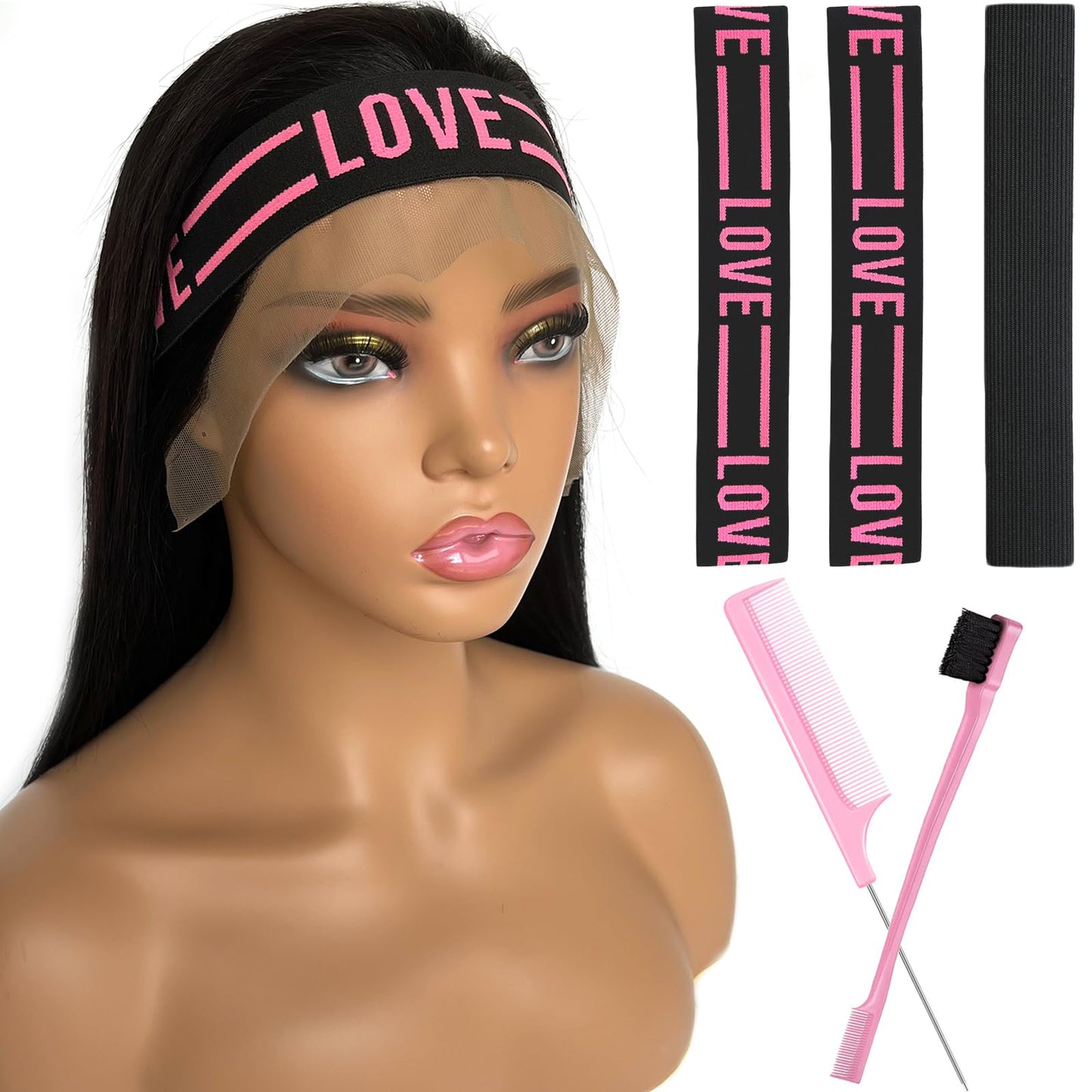 Wig Band Elastic Bands For Lace Front Wigs - 5 Piece Set With 3 Melting Bands, 2 Pinklove Edge Wraps And 1 Black Band