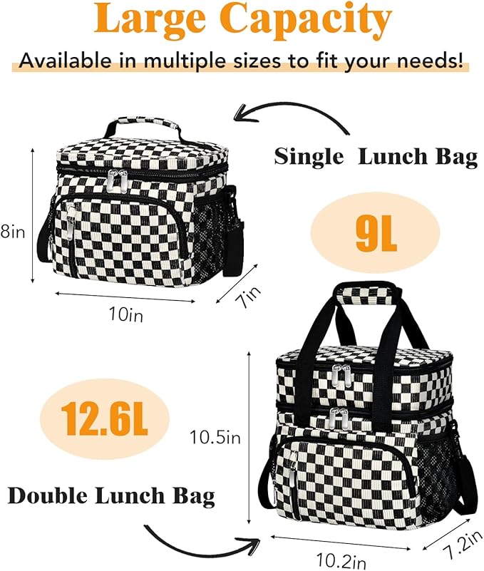 Insulated Lunch Bag for Women, Double Leakproof Lunch Box Soft Cooler Tote with 5 Pockets, 600D Oxford, EVA Lining, Adjustable Strap for Work, Picnic, Beach&Travel- Corduroy Black Checkered