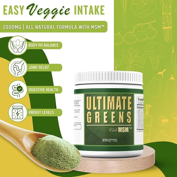 Ultimate Greens with MSM Powder, Vegan Friendly Natural Ingredients Gluten Soy Free NO GMO Superfood Vegetable Nutritional Drink Alkalizing Energy 8oz 6 Pack (6 Month Supply)