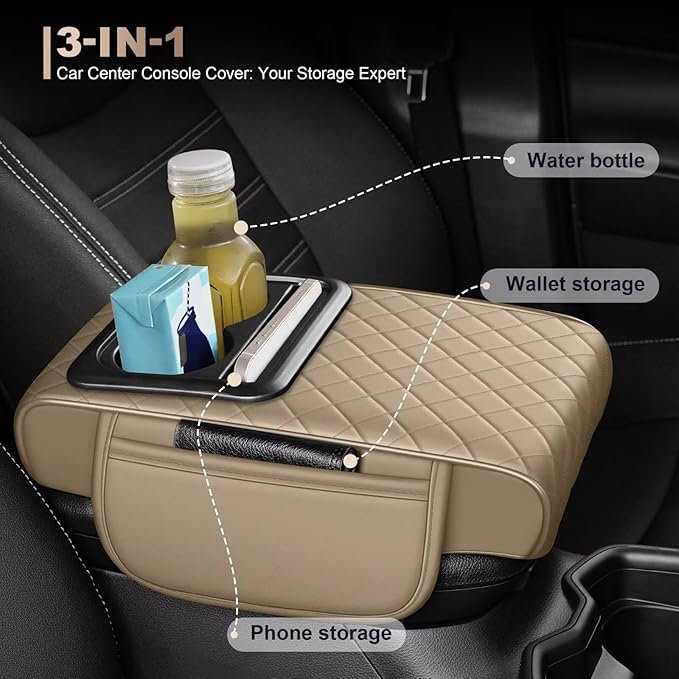 Center Console Cover Fit for Land Cruiser Faux Leather Car Armrest Cushion with Storage Bags, Cup Holder ＆ Phone Storage Multifunctional Middle Console Cover(Beige)