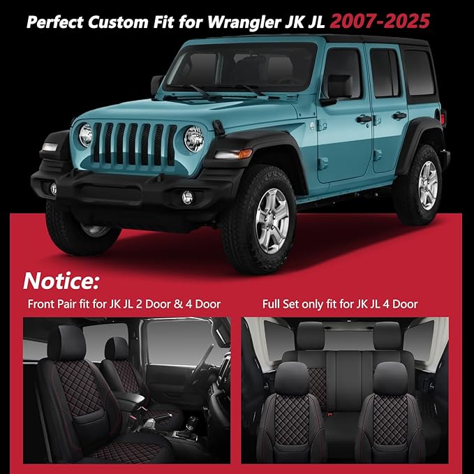 Wrangler Seat Covers 2007-2026 Full Set, Waterproof Leather Interior Sets with Lumbar Support Custom Fit for Jeep Wrangler JK JL 4 Door Unlimited Sahara/Sport/Rubicon X 392 Willys, Black Red