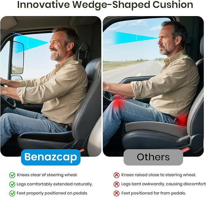 Benazcap Car Seat Cushion - Memory Foam Car Seat Pad - Sciatica & Lower Back Pain Relief - Car Seat Cushions for Driving - Road Trip Essentials for Drivers-Grey