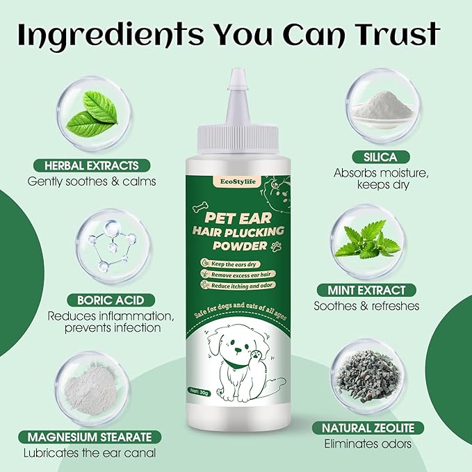 Dog Ear Plucking Powder & Hair Removal Tool Kit – 30g Dog Ear Powder for Hair Removal, 5.5" Hemostat Ear Hair Removal Tool – Helps Reduce Wax & Odor – Ear Grooming Kit for Dogs
