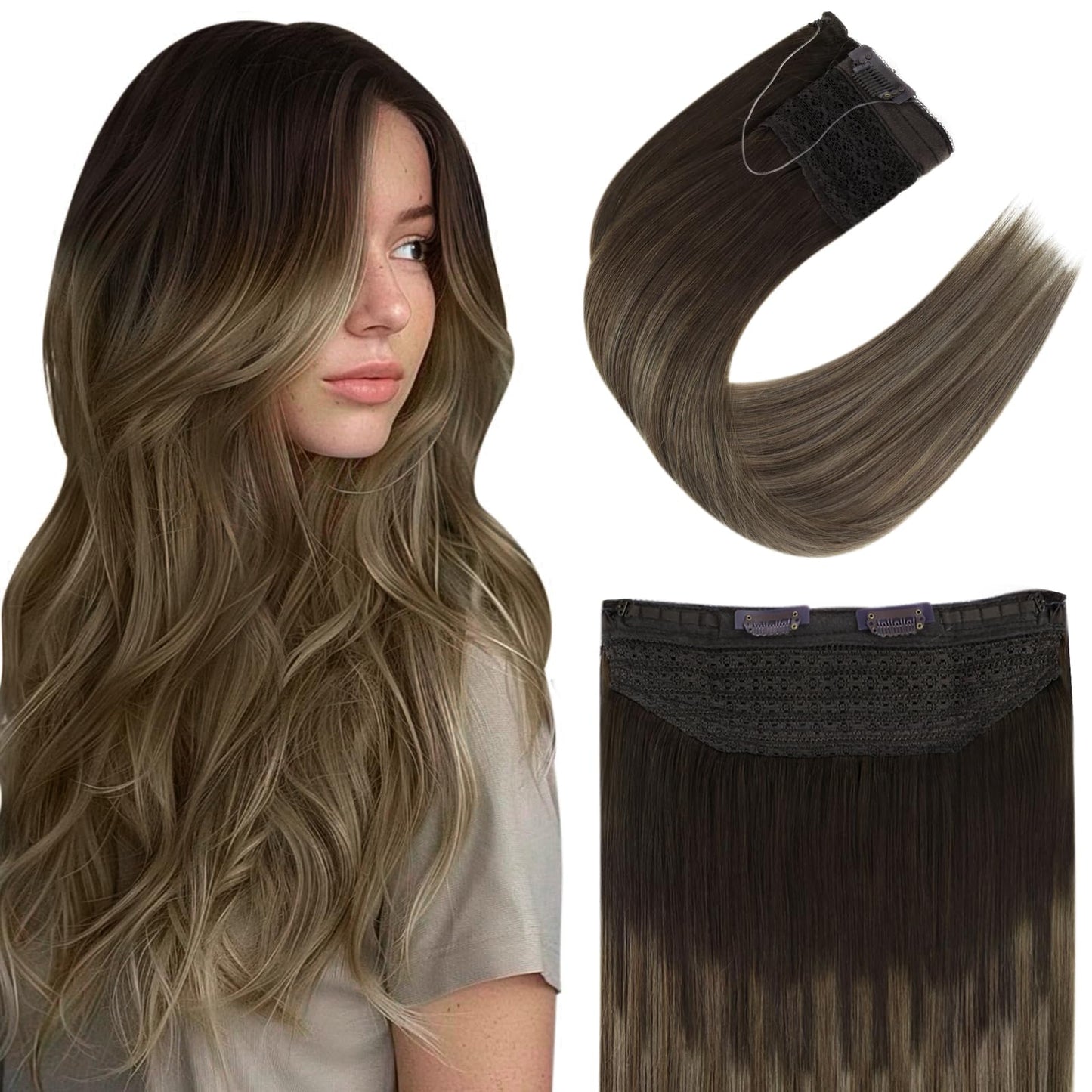 Easyouth Long Wire Human Hair Extensions 20 Inch Straight Hair 100G Dark Brown Balayage Chestnut Brown Mix Ash Blonde