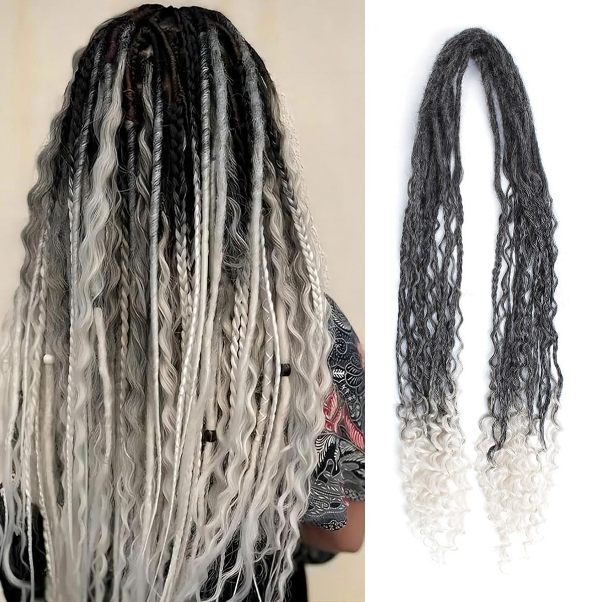 Lounoke 24 In Boho Braid Dreadlock Extensions, 10 Strands Gray To White Synthetic Curly Dreads Extensions With Box Braid, 100% H