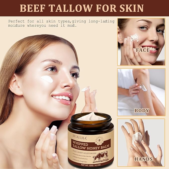 Organic Beef Tallow for Skin, Tallow and Honey Balm (4.2 Oz), Tallow Face Moisturizer, Grass Fed Whipped Beef Tallow with Honey Beeswax - Deeply Hydrates and Moisturizes Face Body, Unscent, No Greasy