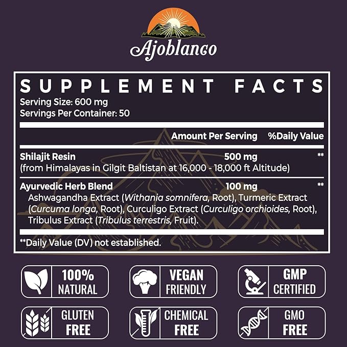 Ajoblanco 600mg Shilajit Pure Himalayan Organic Shilajit Resin - Himalayan Shilajit Resin with Organic Ayurvedic Blend in High Potency for Energy, Strength & Immunity, Pack of 2