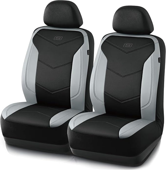 Skechers Memory Foam Seat Covers,Leather Car Seat Covers, Ultimate Comfort & Support Front Seat Covers Airbag Compatible, Automotive Universal Fit Most for SUVs, Vans, Sedans, Cars, Trucks,Gray