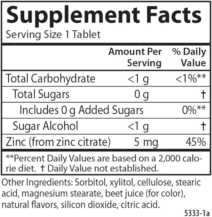 Carlson - Kid's Chewable Zinc, 5 mg, Health Support, Natural Mixed Berry Flavor, 84 Tablets