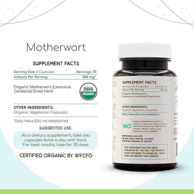 Motherwort USDA Organic 60 Capsules | Natural Herbal Supplement | Certified Organic Vegetarian Capsules and Organic Motherwort (Leonurus Cardiaca) Dried Herb (60 Capsules)