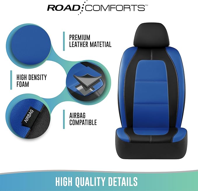 Road Comforts Car Seat Cover, Leather Car Seat Covers, Front Low Back Sport Seat Covers, Airbag Compatible, Universal Fits for Most Cars (Blue)