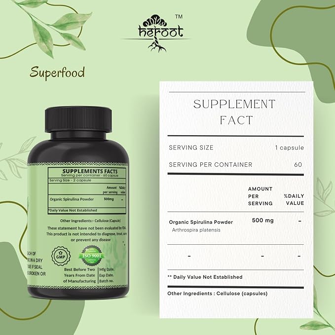 Organic Spirulina Protein Powder Capsules - Vitamins & Minerals for Energy - Vegetarian, Gluten Free 100% Pure Superfood for Optimal Health (120 Capsules)